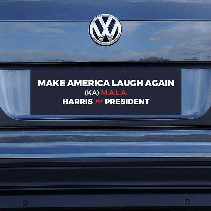 MALA Harris for President Bumper Sticker on a blue car
