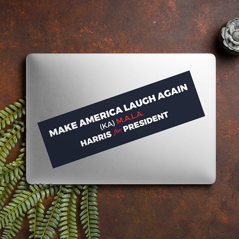 MALA Harris for President Bumper Sticker on a closed laptop