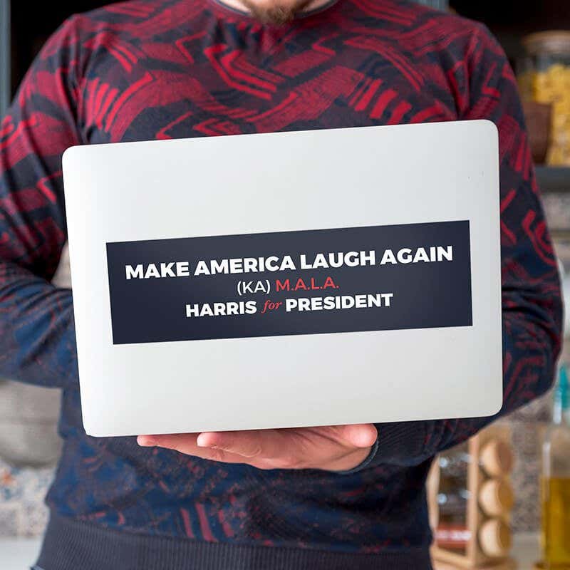 MALA Harris for President Bumper Sticker on a laptop