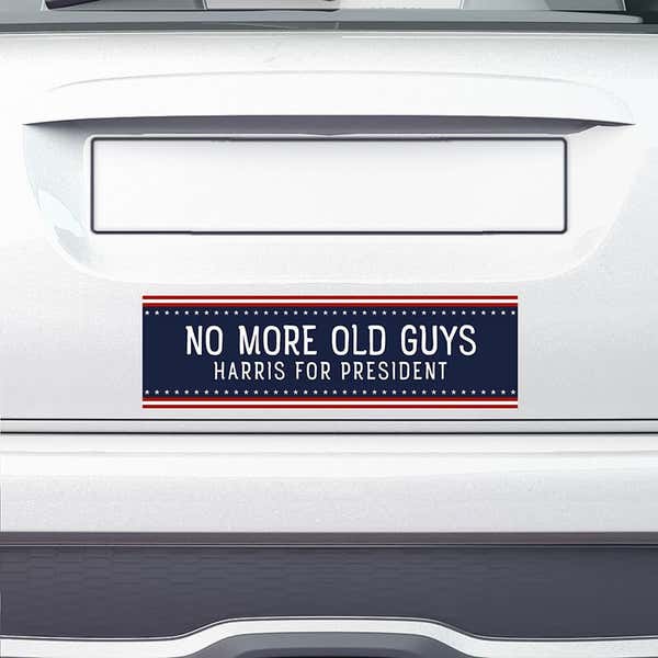 No More Old Guys | Harris Bumper Sticker Oon a white car