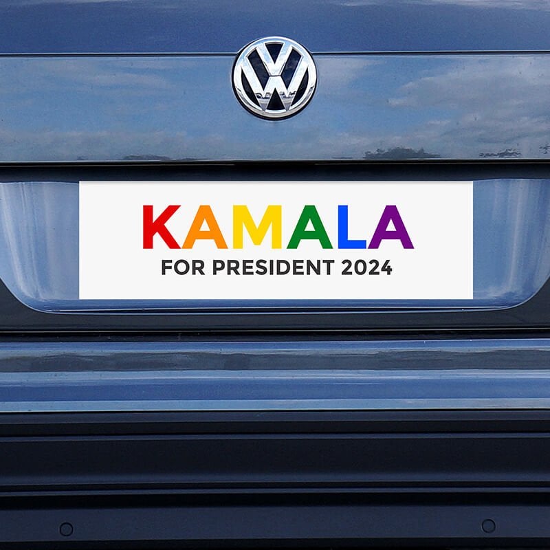 Rainbow Kamala for President Bumper Sticker on a blue car