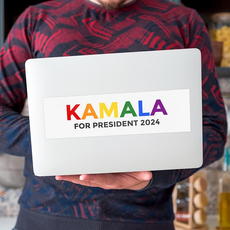 Rainbow Kamala for President Bumper Sticker on a laptop