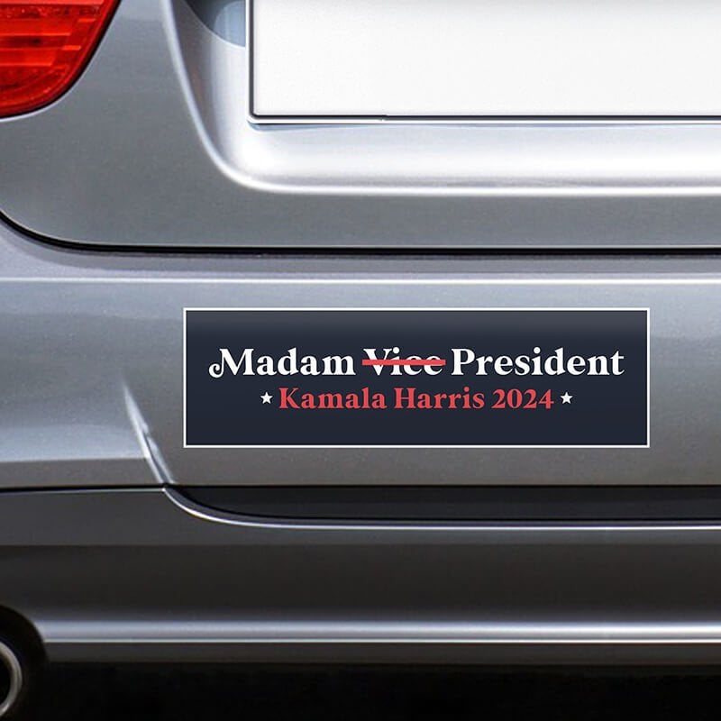 Madam President | Harris Bumper Sticker on the bumper of a gray car