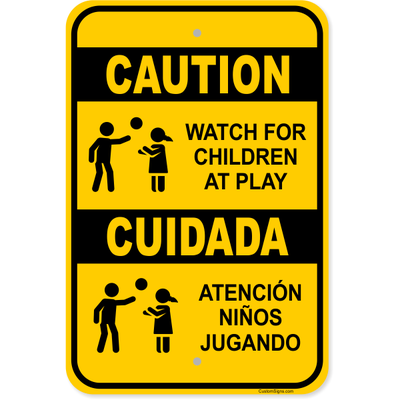 Caution Bilingual Children At Play Aluminum Sign | 18" x 12"