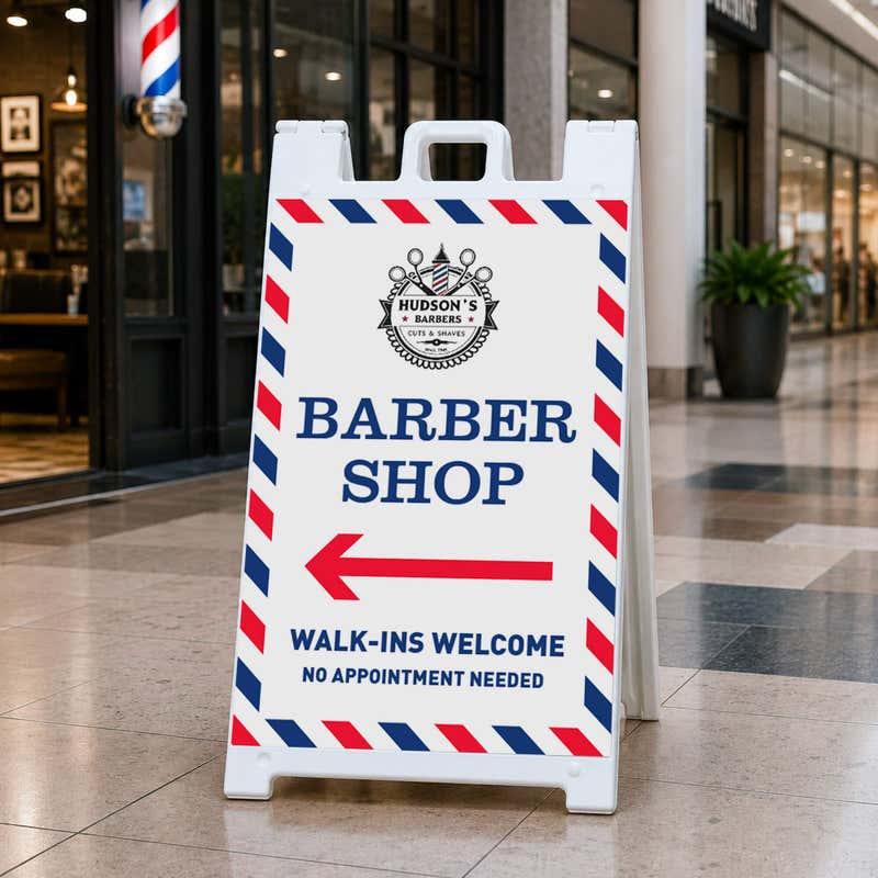 Barber shop A-frame sidewalk sign displayed in front of a shop