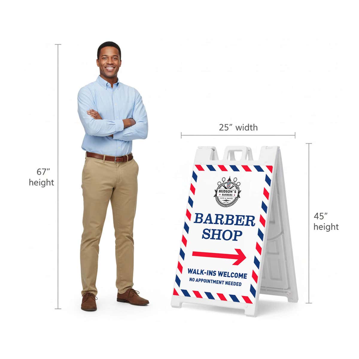 Barber shop A-frame sign shown with size dimensions beside a man