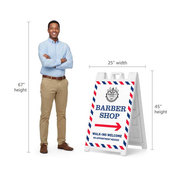 Barber shop A-frame sign shown with size dimensions beside a man