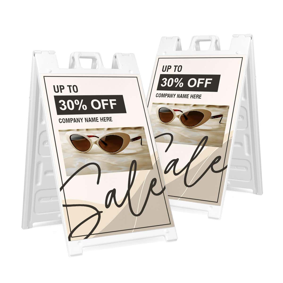 Two beige sale A-frame sidewalk signs shown front and angled