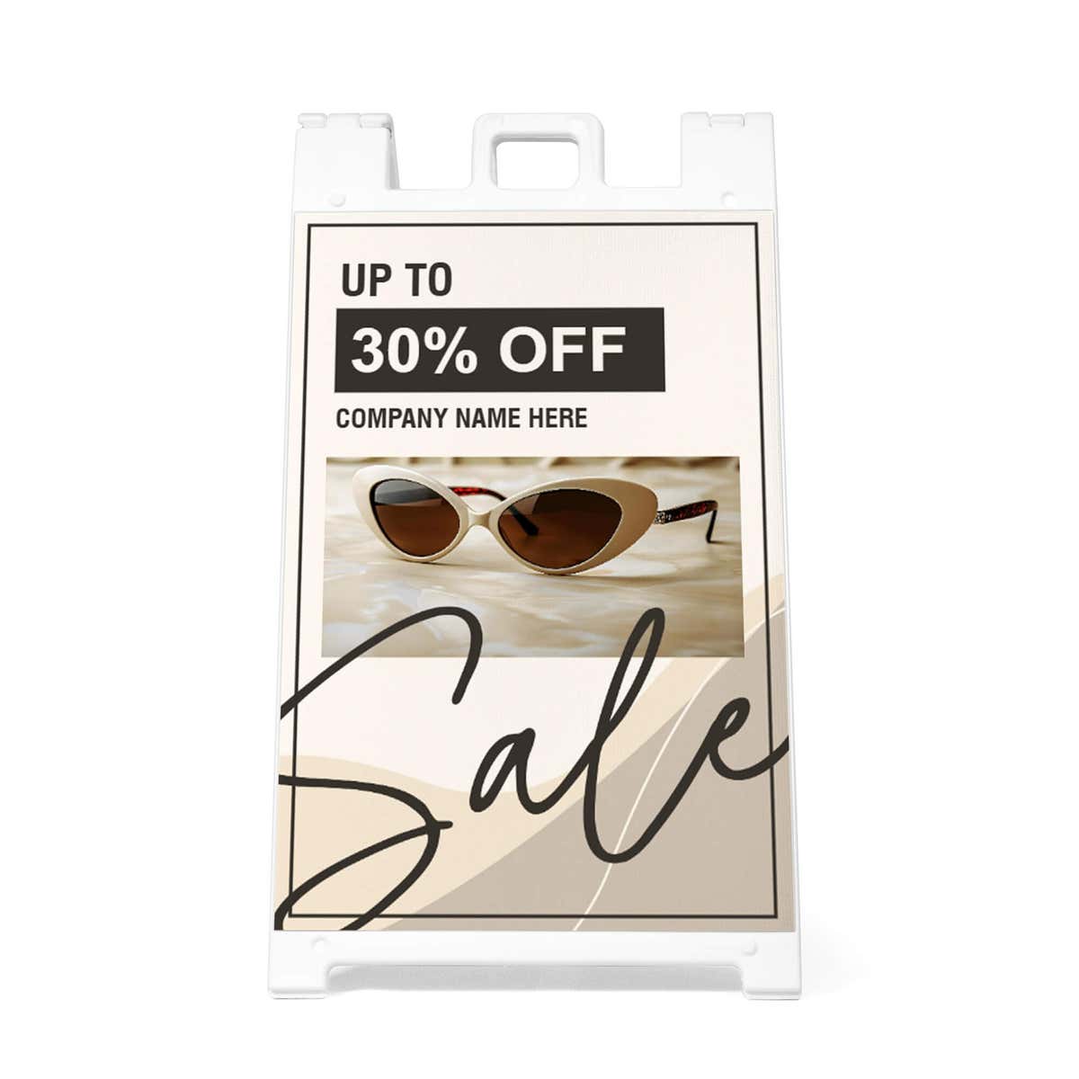 Front view of the beige sale A-frame sidewalk sign