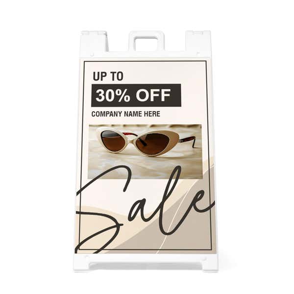Front view of the beige sale A-frame sidewalk sign