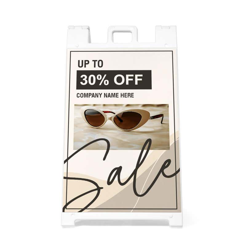 Front view of the beige sale A-frame sidewalk sign