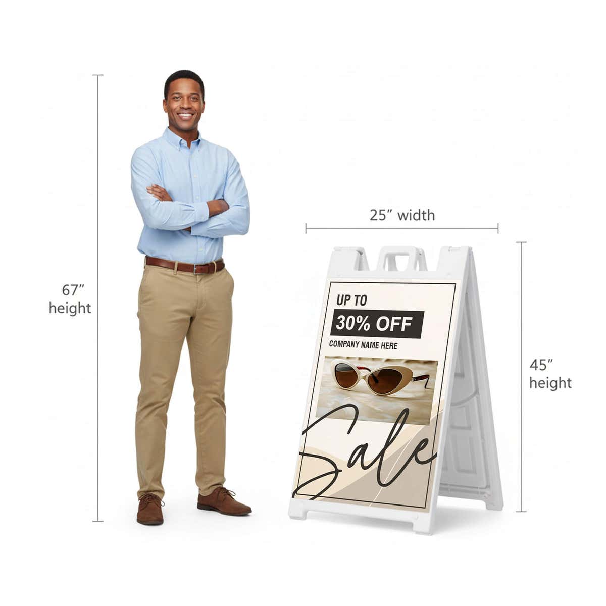 Beige sale A-frame sign shown with size dimensions beside a man