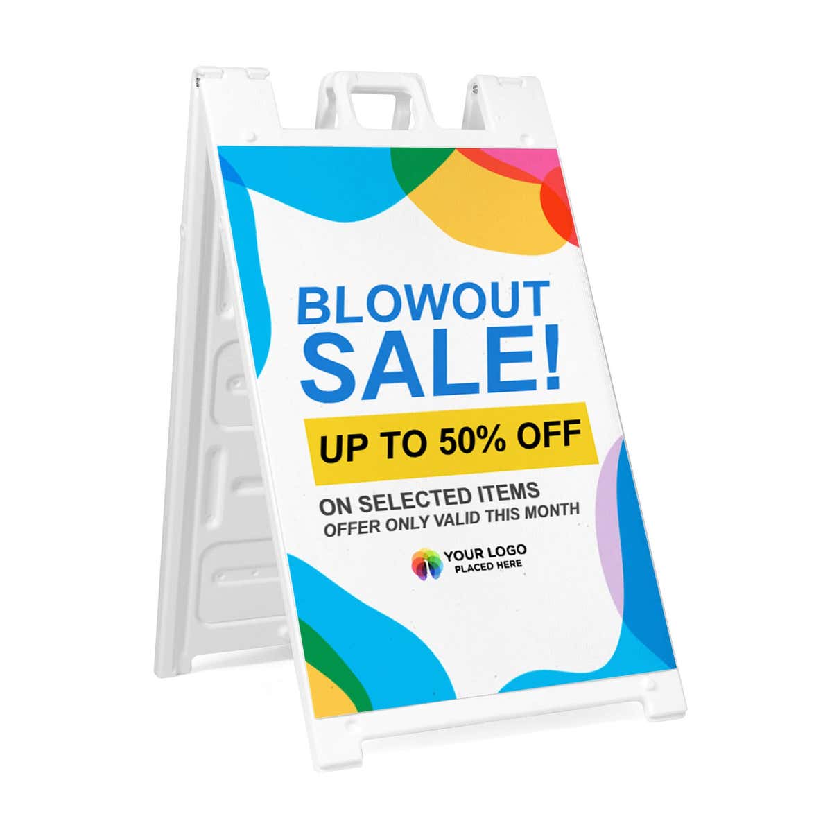 Blowout sale A-frame sidewalk sign in white plastic frame, angled view