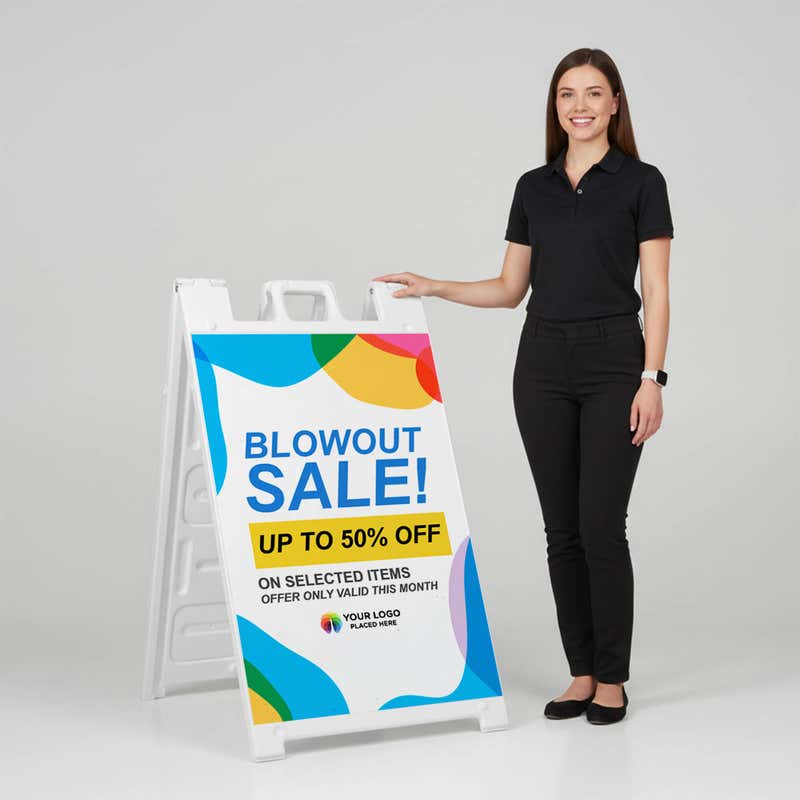 Woman standing beside a blowout sale A-frame sign for scale