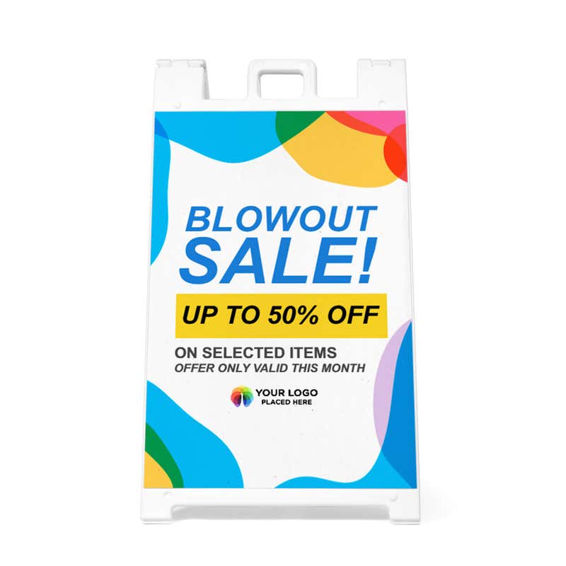 Front view of the blowout sale A-frame sidewalk sign