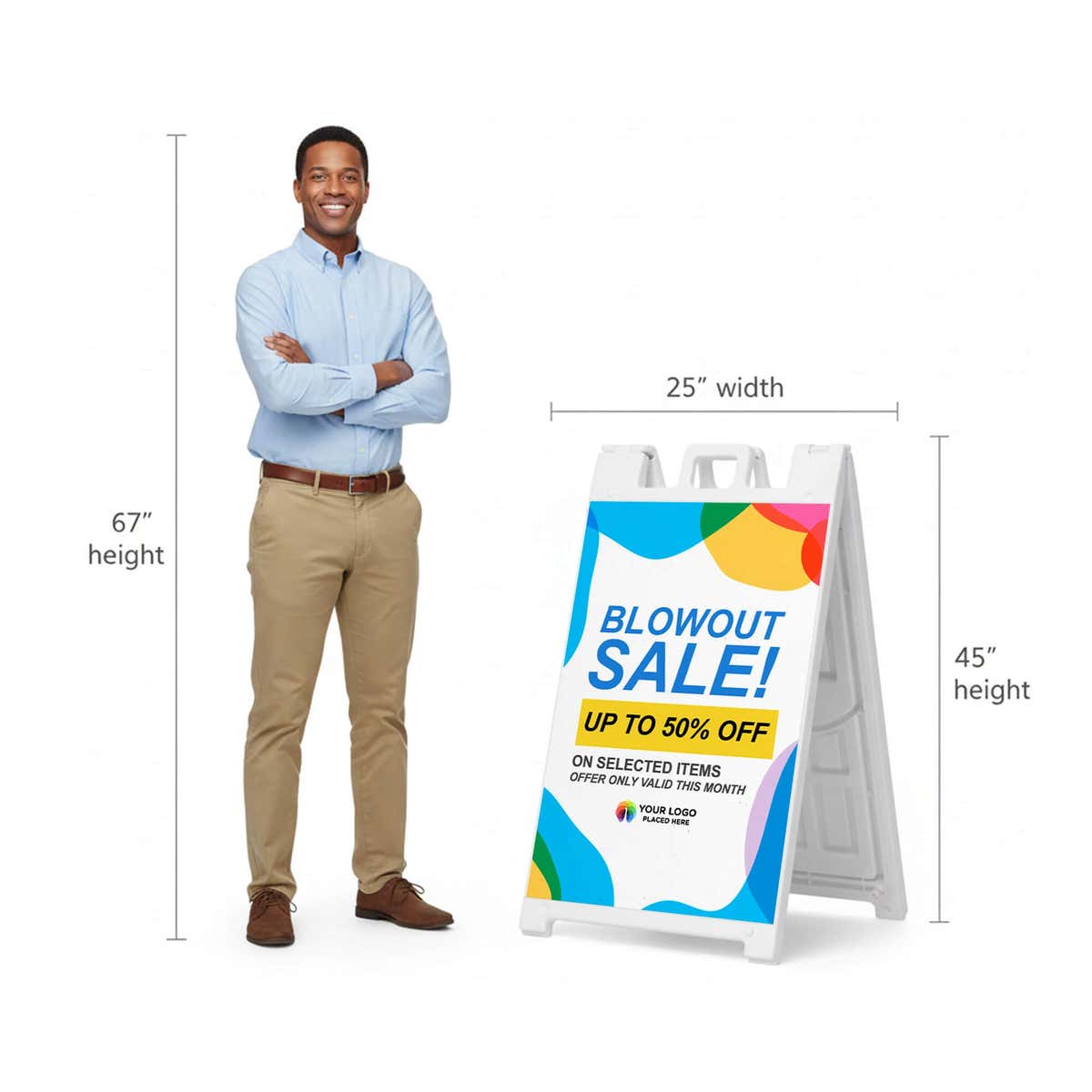 Blowout sale A-frame sign shown with size dimensions beside a man