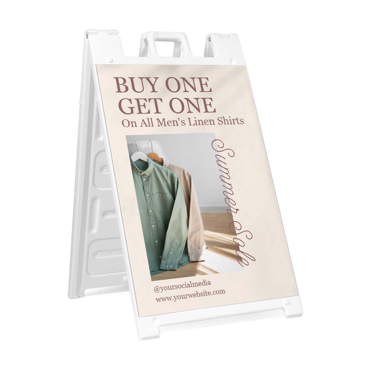 BOGO A-frame sidewalk sign in white plastic frame, angled view