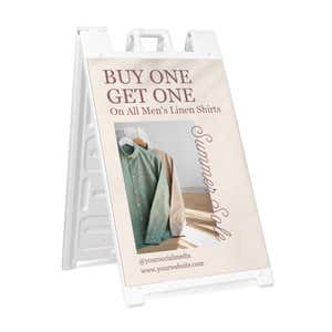 BOGO A-frame sidewalk sign in white plastic frame, angled view