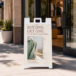 BOGO A-frame sidewalk sign displayed in front of a shop