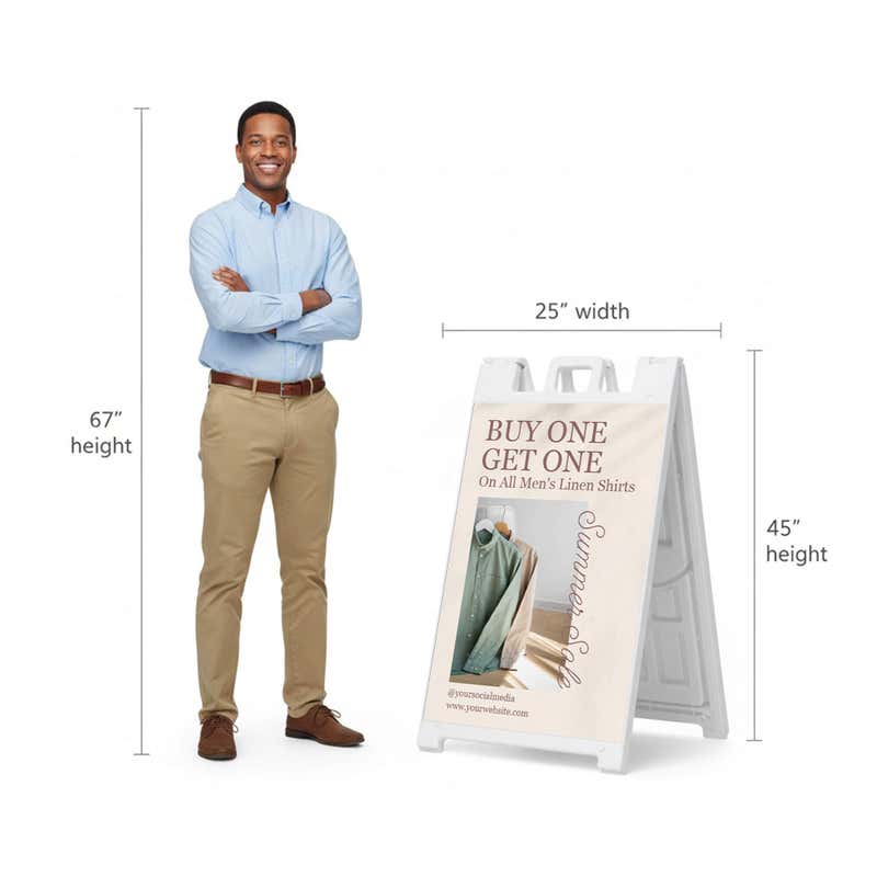 BOGO A-frame sign shown with size dimensions beside a man