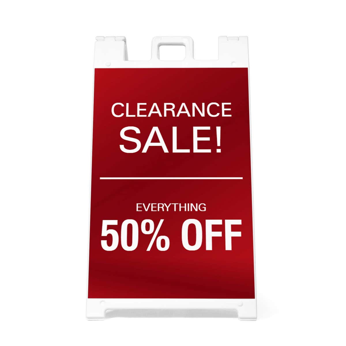Front view of the clearance A-frame sidewalk sign