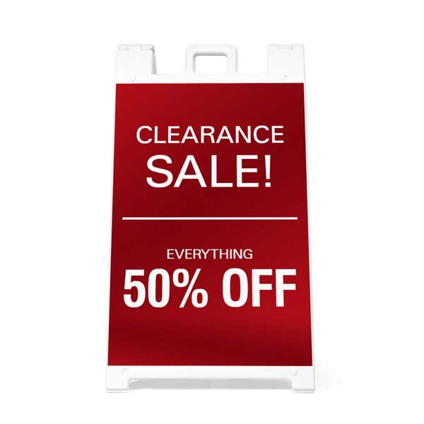 Front view of the clearance A-frame sidewalk sign