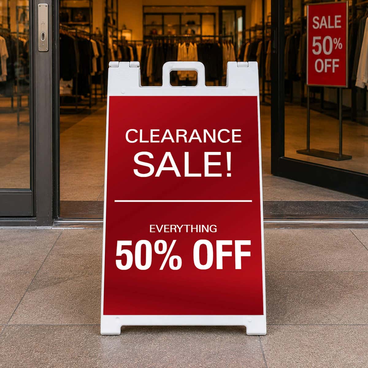 Clearance A-frame sidewalk sign displayed in front of a shop