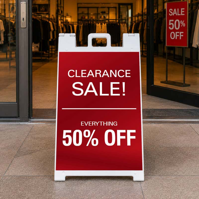 Clearance A-frame sidewalk sign displayed in front of a shop