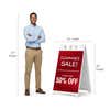 Clearance A-frame sign shown with size dimensions beside a man