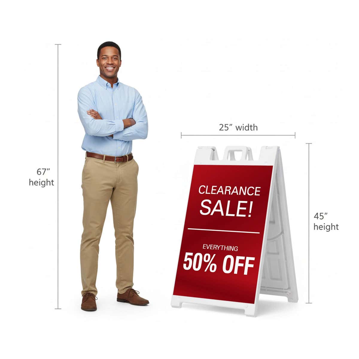 Clearance A-frame sign shown with size dimensions beside a man