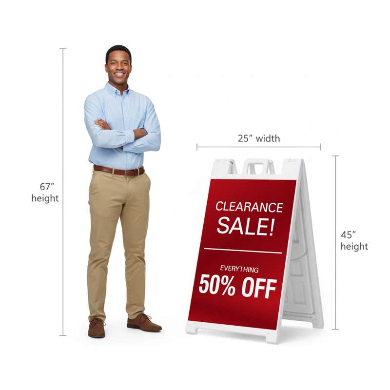 Clearance A-frame sign shown with size dimensions beside a man