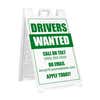 Drivers wanted A-frame sidewalk sign in white plastic frame, angled view