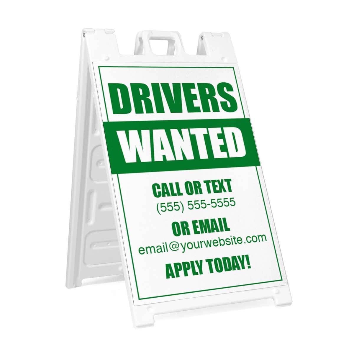 Drivers wanted A-frame sidewalk sign in white plastic frame, angled view