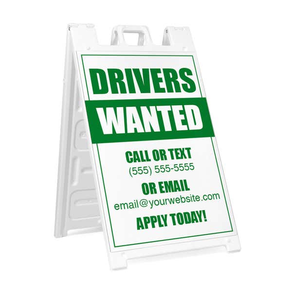 Drivers wanted A-frame sidewalk sign in white plastic frame, angled view
