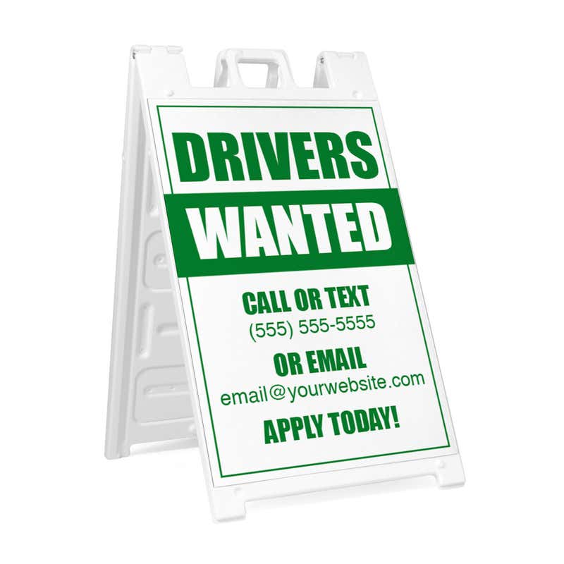 Drivers wanted A-frame sidewalk sign in white plastic frame, angled view