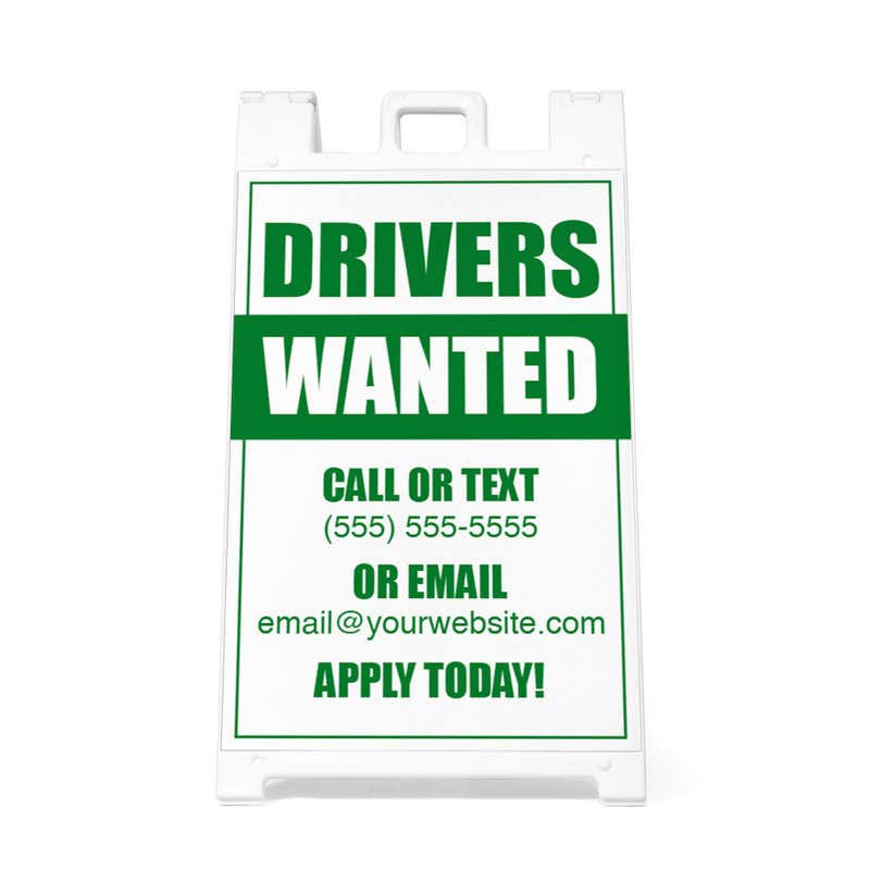 Front view of the drivers wanted A-frame sidewalk sign