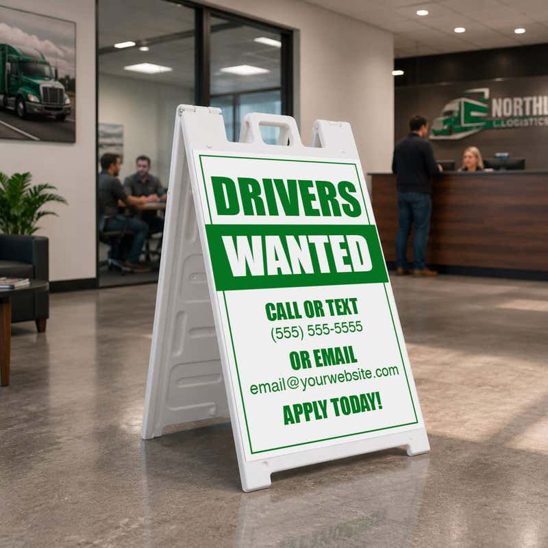 Drivers wanted A-frame sign in an office setting