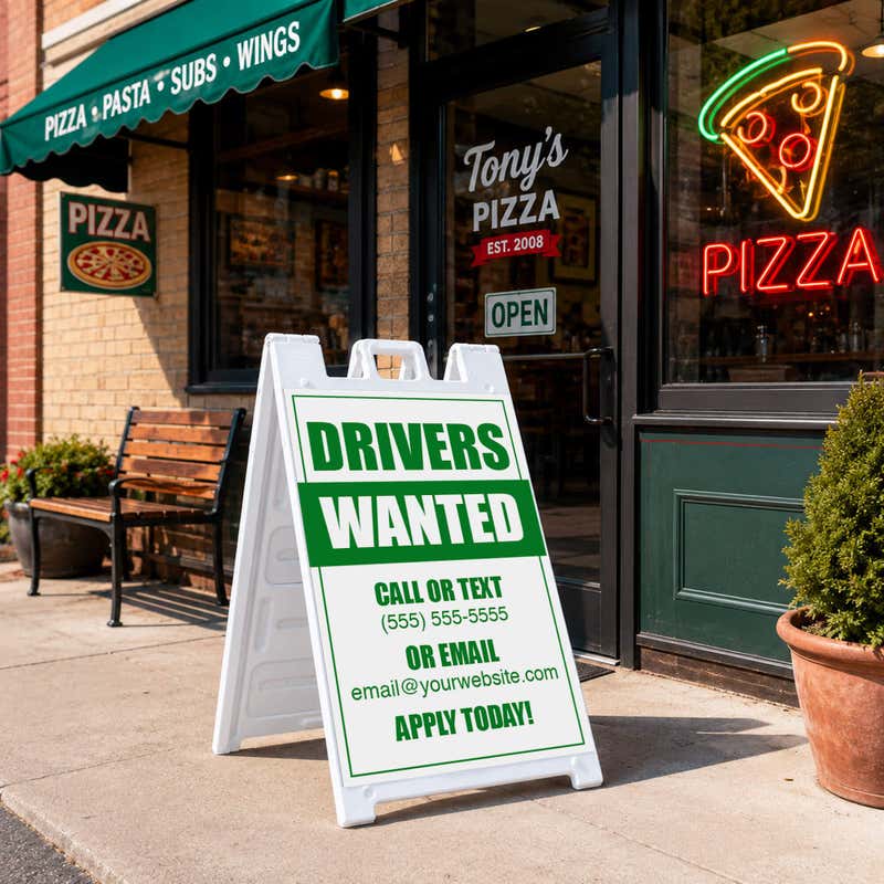 Drivers wanted A-frame sign outside a pizza shop