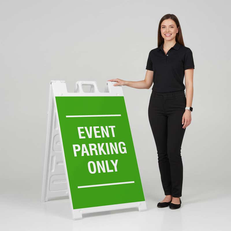 Woman standing beside a custom Event Parking Only A-frame sign for scale