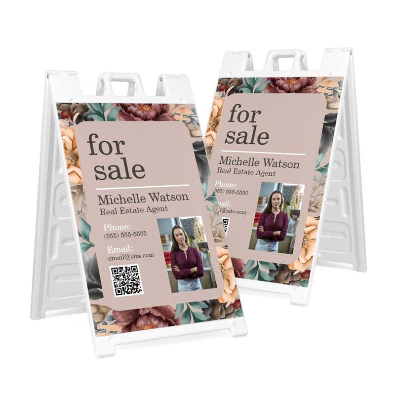 Two floral for sale A-frame sidewalk signs shown front and angled