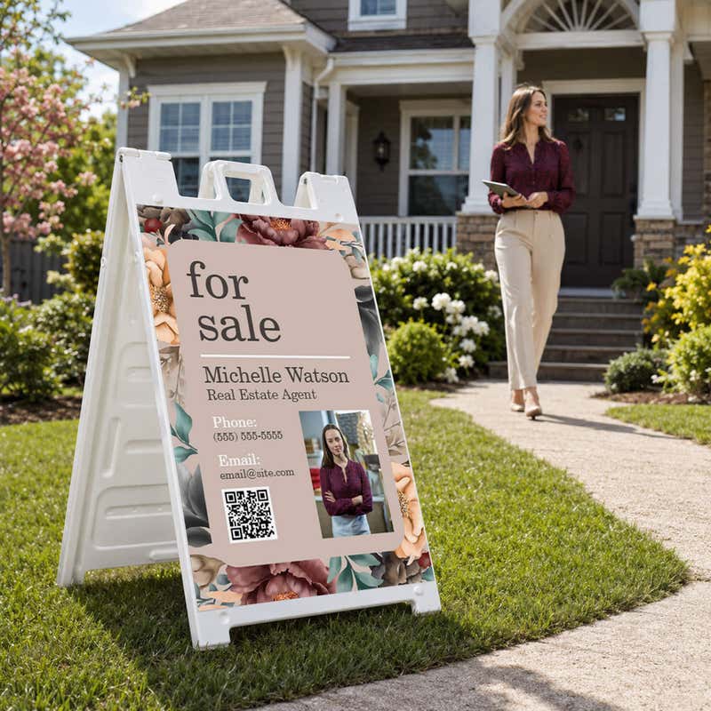 Floral for sale real estate A-frame sign in a home front yard