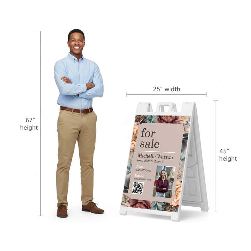 Floral for sale A-frame sign shown with size dimensions beside a man