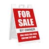 Red for sale A-frame sidewalk sign in white plastic frame, angled view