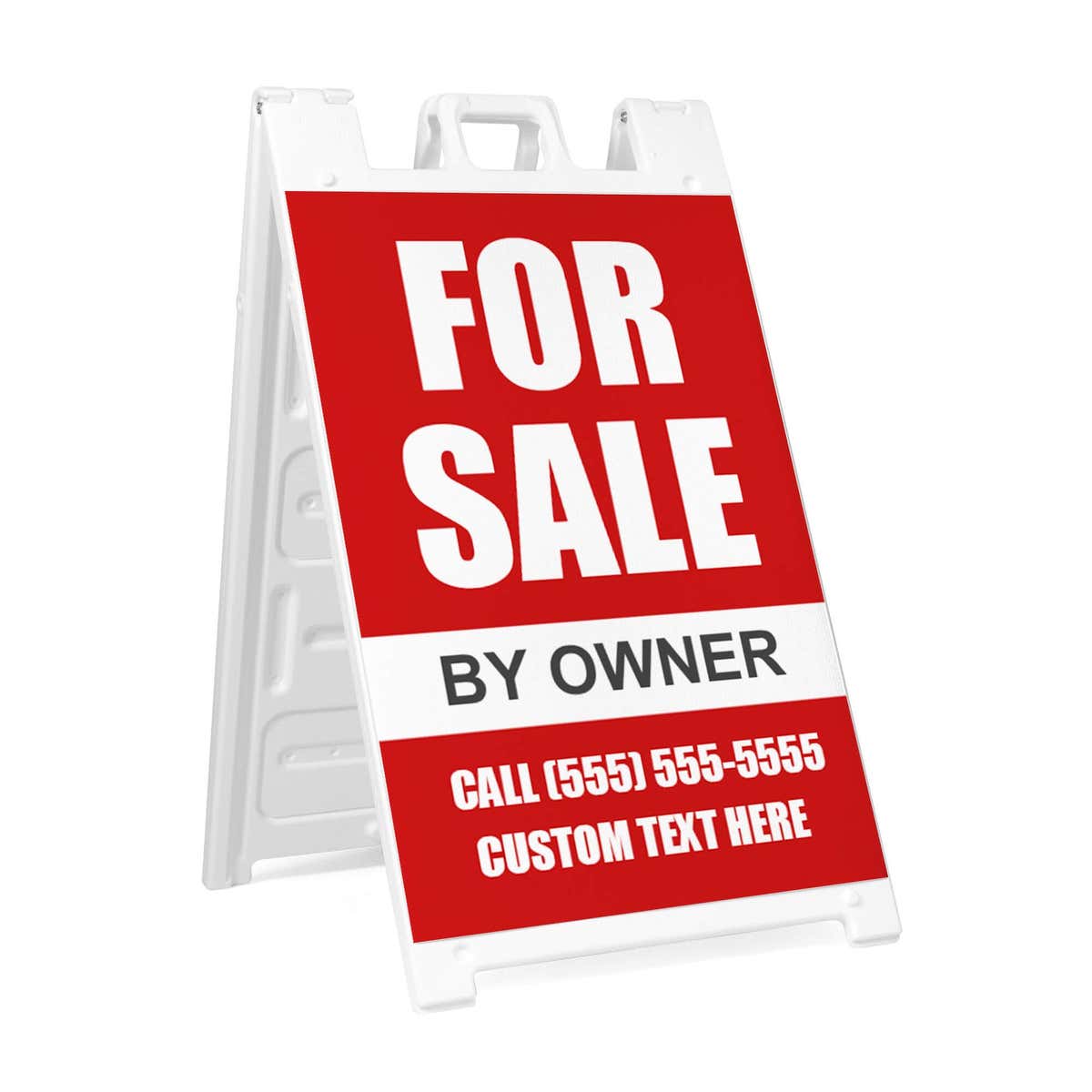 Red for sale A-frame sidewalk sign in white plastic frame, angled view