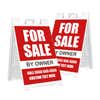 Two red for sale A-frame sidewalk signs shown front and angled