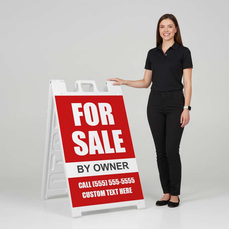 Woman standing beside a red for sale A-frame sign for scale