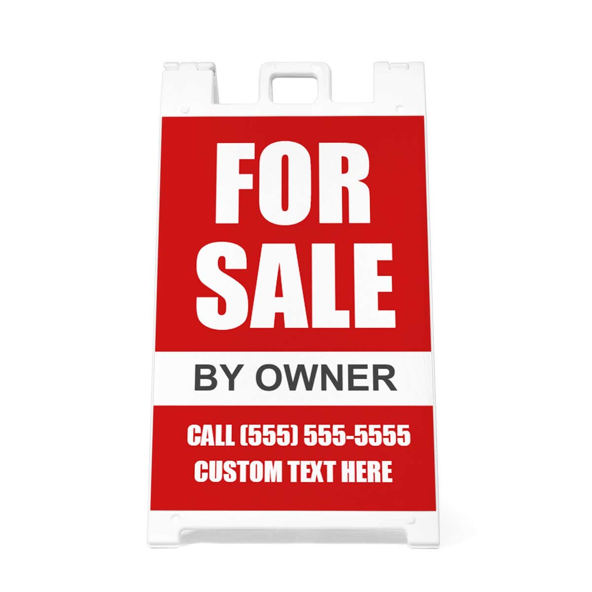 Front view of the red for sale A-frame sidewalk sign