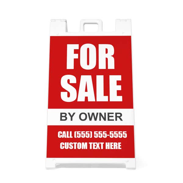 Front view of the red for sale A-frame sidewalk sign