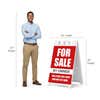 Red for sale A-frame sign shown with size dimensions beside a man