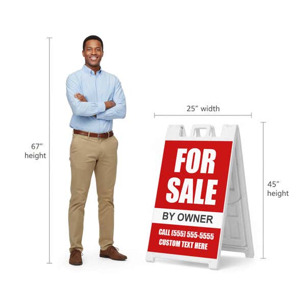 Red for sale A-frame sign shown with size dimensions beside a man